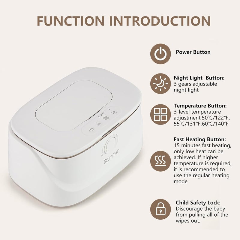 Gzummer Baby Wipe Warmer, Wipe Warmer and Baby Wet Wipes Dispenser, 3 Temperature Control Large Capacity Wipes Warmer for Babies with Night Light (Pure White) - Image 3